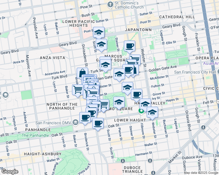 map of restaurants, bars, coffee shops, grocery stores, and more near 1160 Fulton Street in San Francisco
