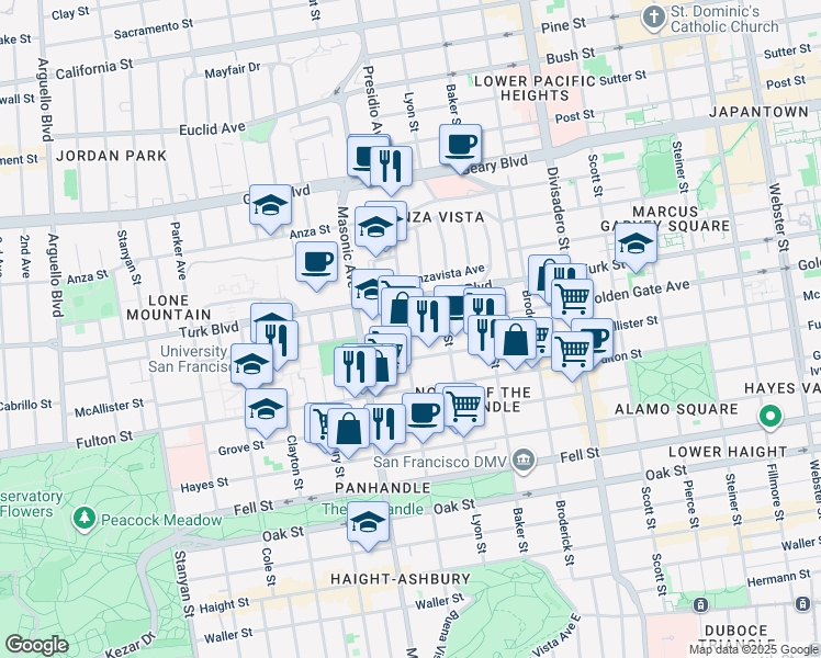map of restaurants, bars, coffee shops, grocery stores, and more near 836 Central Avenue in San Francisco
