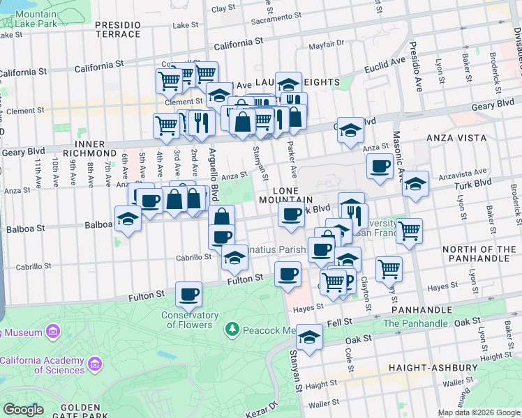 map of restaurants, bars, coffee shops, grocery stores, and more near 3001 Turk Boulevard in San Francisco