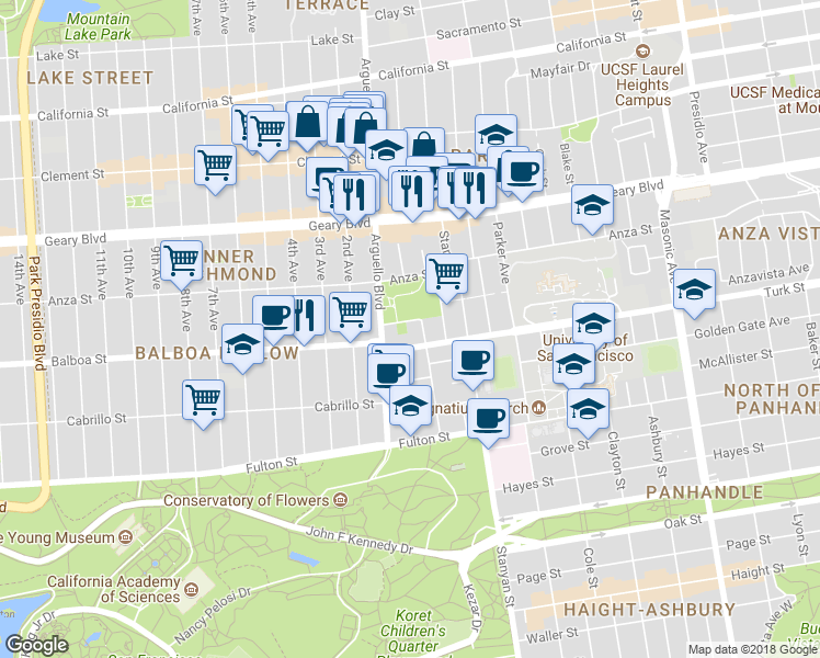 map of restaurants, bars, coffee shops, grocery stores, and more near 3100 Turk Boulevard in San Francisco