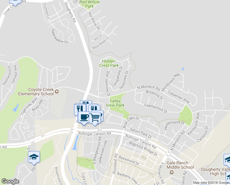 map of restaurants, bars, coffee shops, grocery stores, and more near 1830 Hollyview Drive in San Ramon