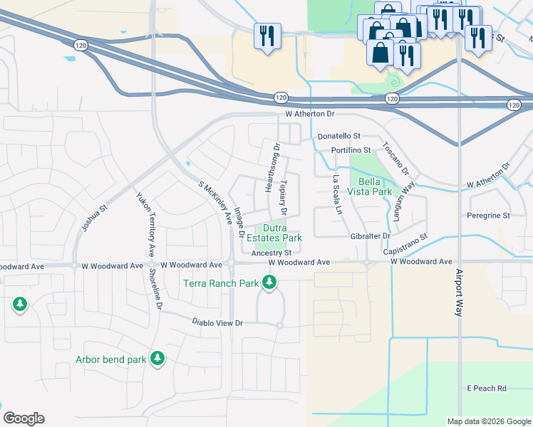 map of restaurants, bars, coffee shops, grocery stores, and more near 2745 Tapestry Street in Manteca
