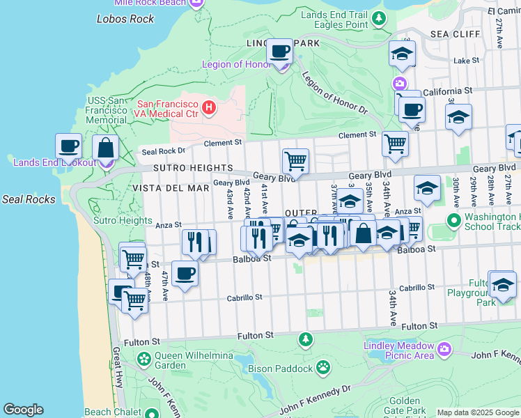 map of restaurants, bars, coffee shops, grocery stores, and more near 595 41st Avenue in San Francisco