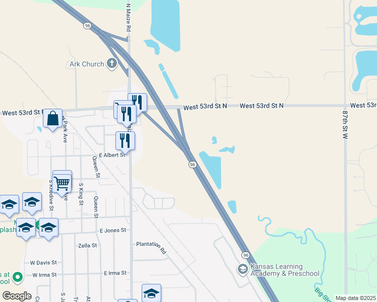 map of restaurants, bars, coffee shops, grocery stores, and more near Kansas 96 in Maize
