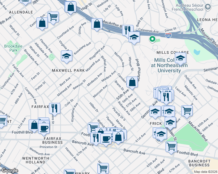 map of restaurants, bars, coffee shops, grocery stores, and more near 2924 Morcom Avenue in Oakland