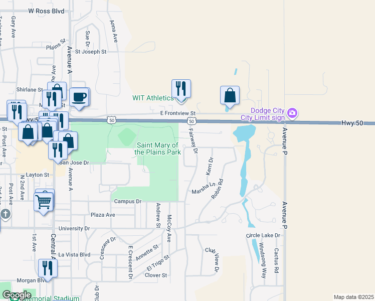 map of restaurants, bars, coffee shops, grocery stores, and more near 810 Ragan Road in Dodge City