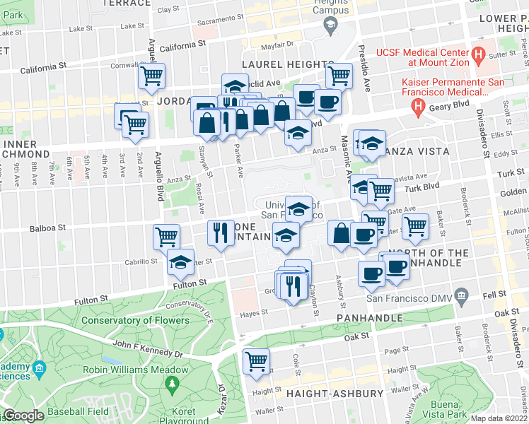 map of restaurants, bars, coffee shops, grocery stores, and more near Turk Blvd & Temescal Terrace in San Francisco