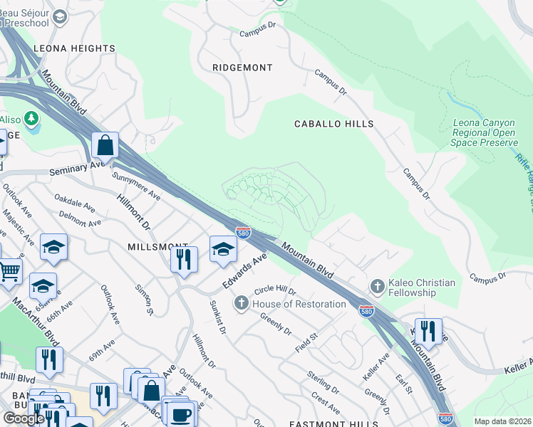 map of restaurants, bars, coffee shops, grocery stores, and more near 6019 Old Quarry Loop in Oakland