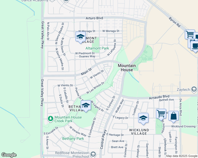 map of restaurants, bars, coffee shops, grocery stores, and more near 369 West Las Brisas Drive in Mountain House