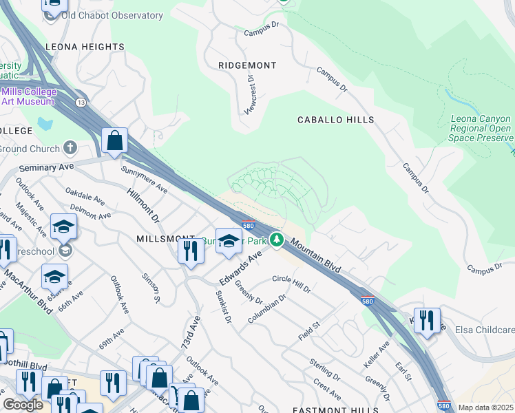 map of restaurants, bars, coffee shops, grocery stores, and more near 6032 Old Quarry Loop in Oakland