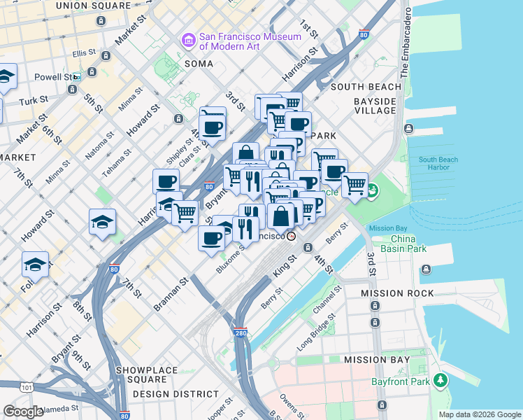 map of restaurants, bars, coffee shops, grocery stores, and more near 525 Brannan Street in San Francisco