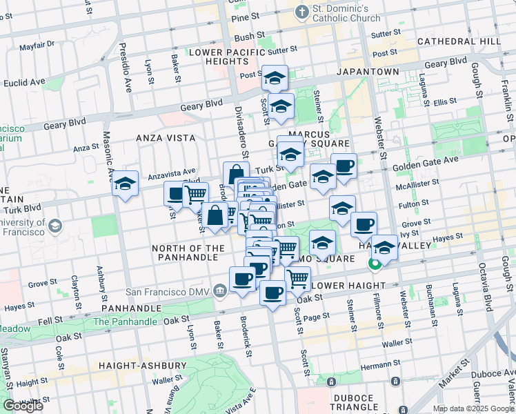 map of restaurants, bars, coffee shops, grocery stores, and more near 1598 McAllister Street in San Francisco