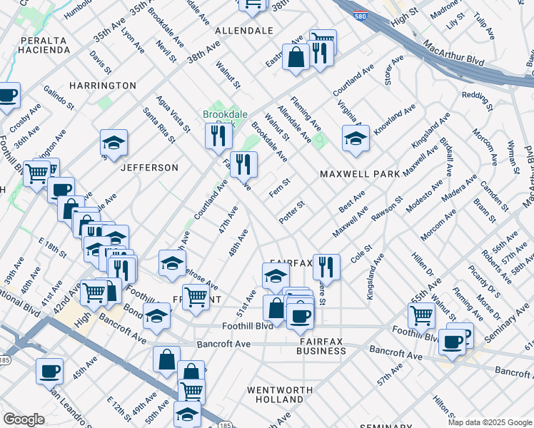 map of restaurants, bars, coffee shops, grocery stores, and more near 4817 Congress Avenue in Oakland