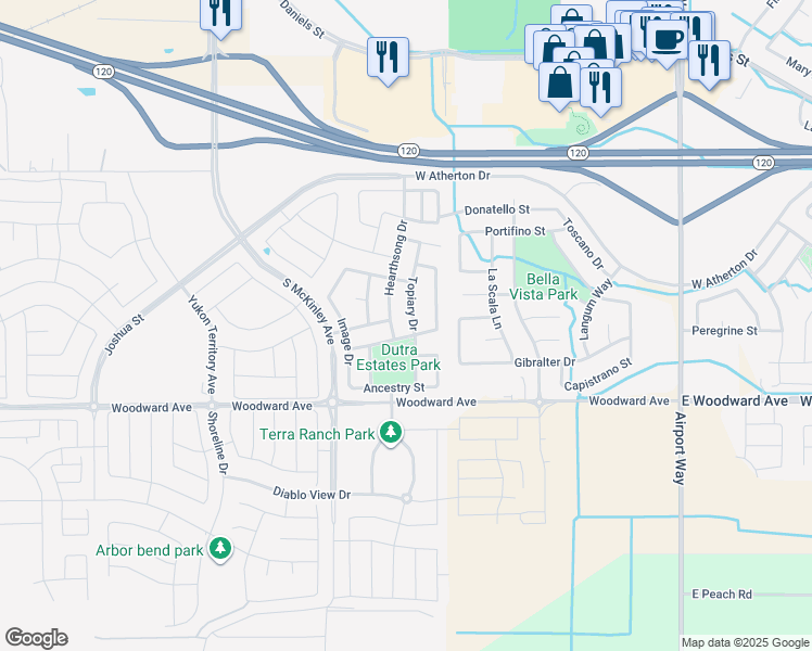 map of restaurants, bars, coffee shops, grocery stores, and more near 1709 Topiary Drive in Manteca
