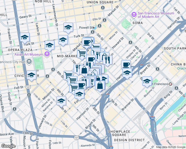 map of restaurants, bars, coffee shops, grocery stores, and more near 1074 Folsom Street in San Francisco