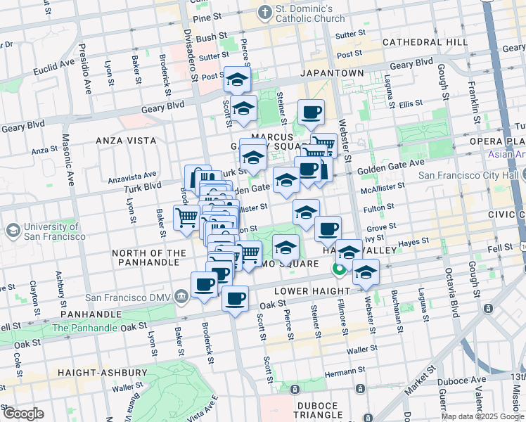 map of restaurants, bars, coffee shops, grocery stores, and more near 1425 McAllister Street in San Francisco