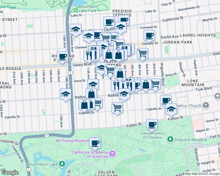 map of restaurants, bars, coffee shops, grocery stores, and more near 553 8th Avenue in San Francisco