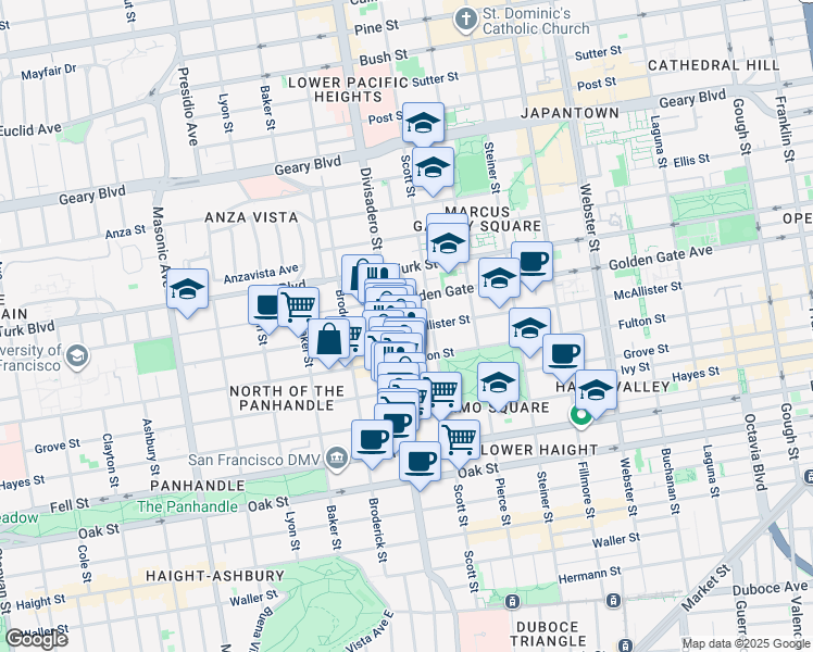 map of restaurants, bars, coffee shops, grocery stores, and more near 1560 McAllister Street in San Francisco