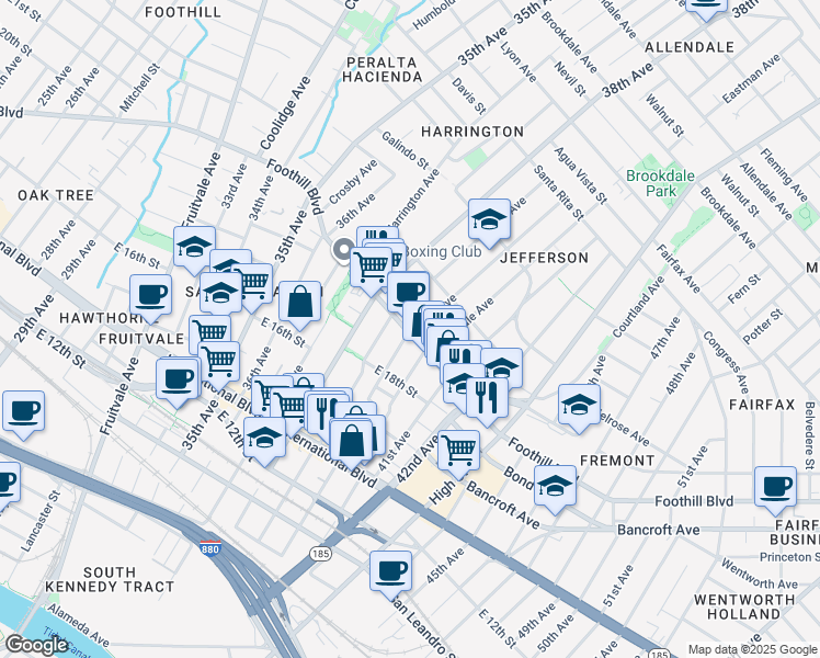 map of restaurants, bars, coffee shops, grocery stores, and more near 3944 Foothill Boulevard in Oakland