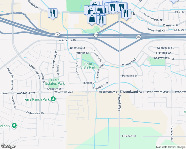 map of restaurants, bars, coffee shops, grocery stores, and more near 2324 San Marco Court in Manteca