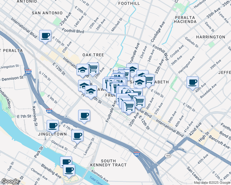 map of restaurants, bars, coffee shops, grocery stores, and more near in Oakland