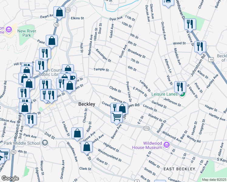 map of restaurants, bars, coffee shops, grocery stores, and more near 213 Hargrove Street in Beckley