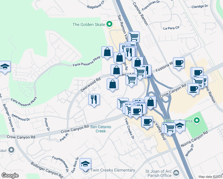 map of restaurants, bars, coffee shops, grocery stores, and more near 12 Crow Canyon Court in San Ramon