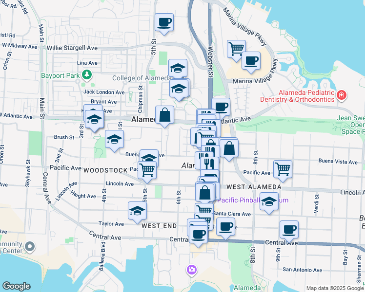 map of restaurants, bars, coffee shops, grocery stores, and more near 8 Sanderling Court in Alameda