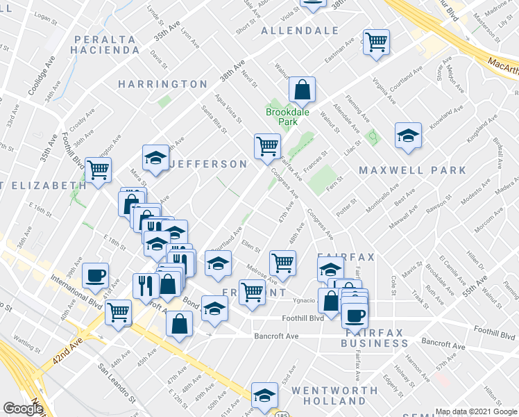 map of restaurants, bars, coffee shops, grocery stores, and more near 4533 San Carlos Avenue in Oakland