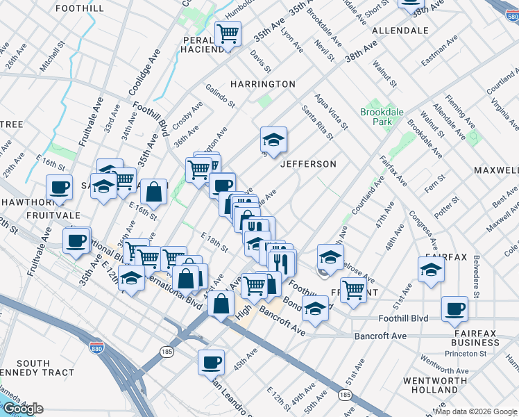 map of restaurants, bars, coffee shops, grocery stores, and more near 1961 41st Avenue in Oakland