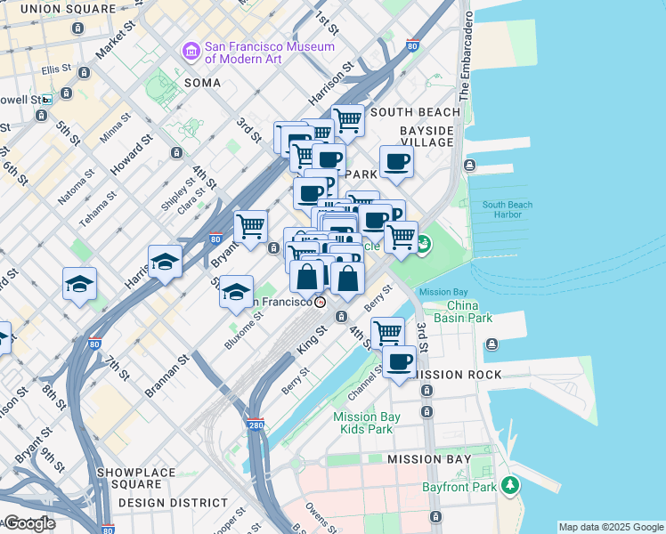 map of restaurants, bars, coffee shops, grocery stores, and more near 250-260 King Street in San Francisco