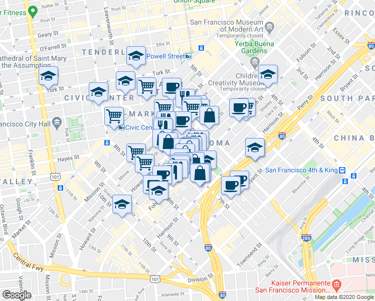 map of restaurants, bars, coffee shops, grocery stores, and more near 1074 Folsom Street in San Francisco