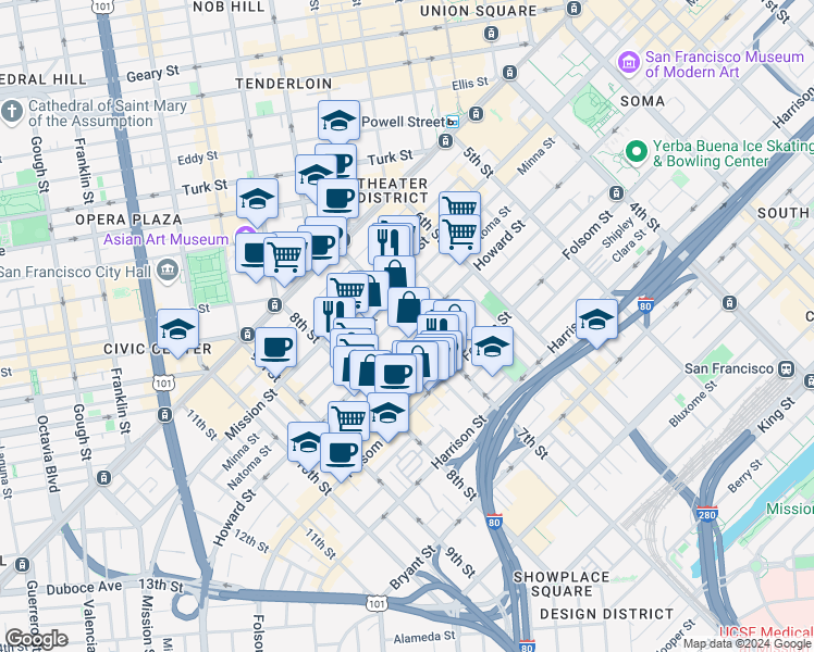 map of restaurants, bars, coffee shops, grocery stores, and more near 1136 Howard Street in San Francisco