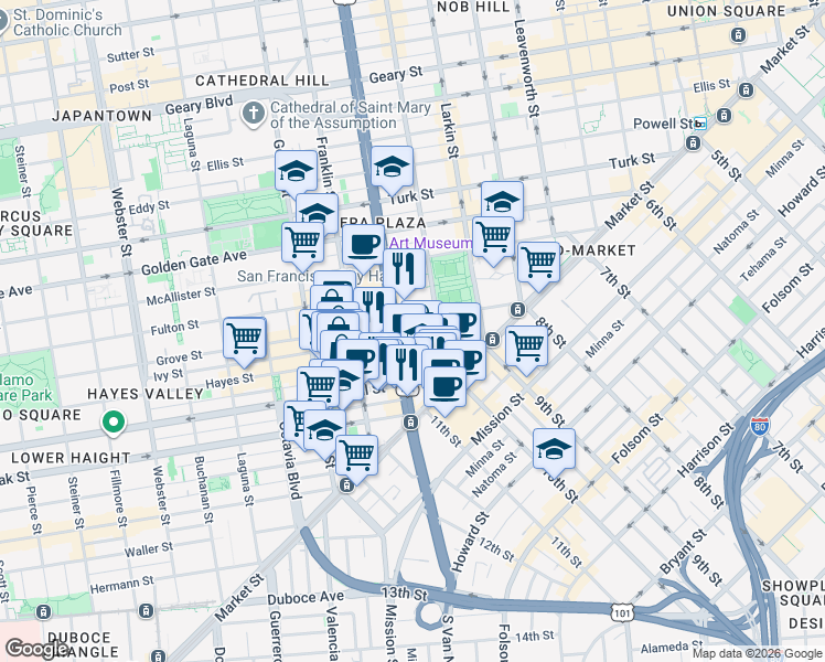 map of restaurants, bars, coffee shops, grocery stores, and more near in San Francisco