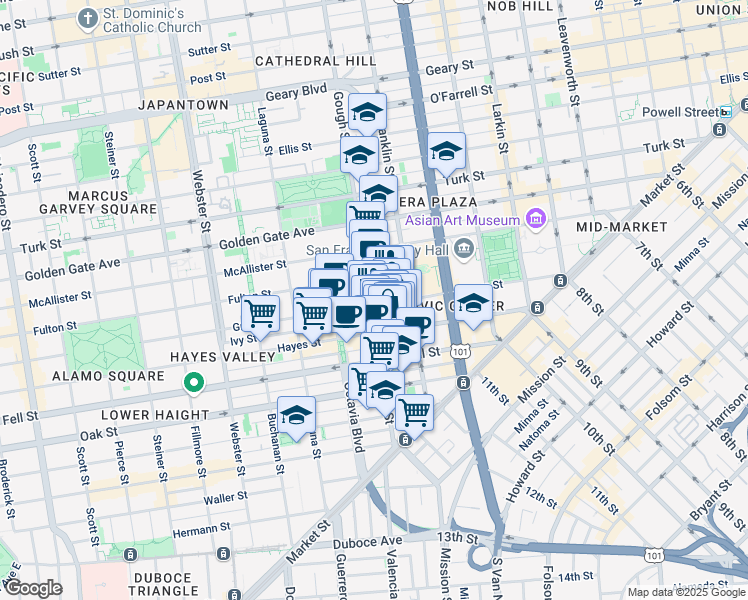map of restaurants, bars, coffee shops, grocery stores, and more near 351 Grove Street in San Francisco