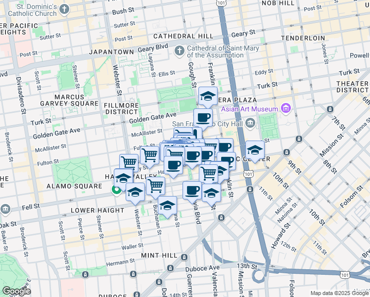 map of restaurants, bars, coffee shops, grocery stores, and more near 531 Grove Street in San Francisco