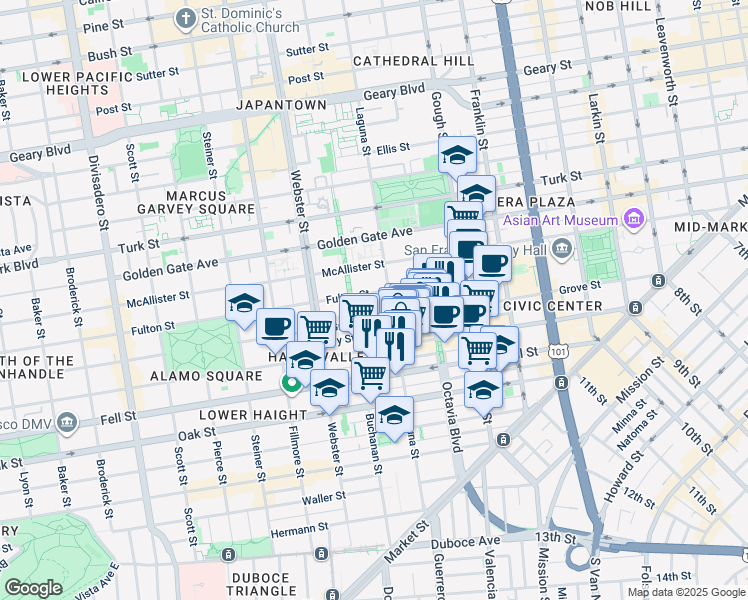 map of restaurants, bars, coffee shops, grocery stores, and more near 624 Grove Street in San Francisco