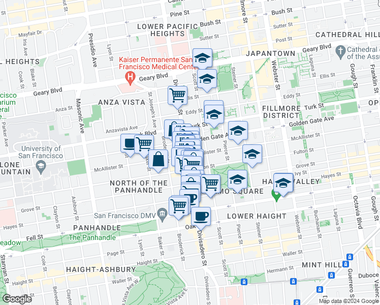 map of restaurants, bars, coffee shops, grocery stores, and more near 1555 McAllister Street in San Francisco
