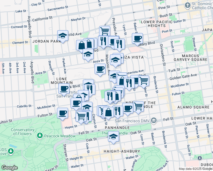 map of restaurants, bars, coffee shops, grocery stores, and more near 2250 Golden Gate Avenue in San Francisco