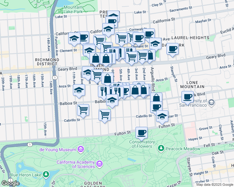 map of restaurants, bars, coffee shops, grocery stores, and more near 591 5th Avenue in San Francisco