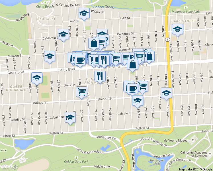 map of restaurants, bars, coffee shops, grocery stores, and more near 542 22nd Avenue in San Francisco