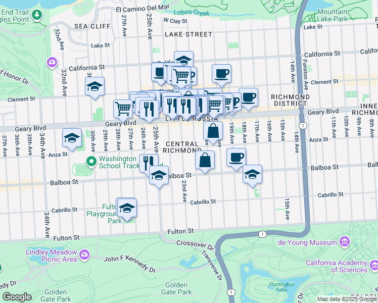 map of restaurants, bars, coffee shops, grocery stores, and more near 541 23rd Avenue in San Francisco