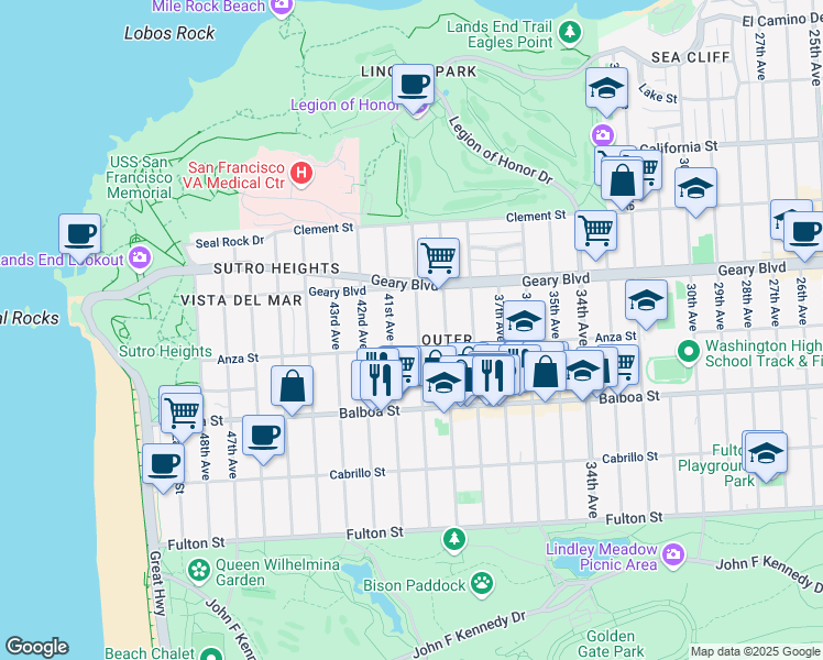 map of restaurants, bars, coffee shops, grocery stores, and more near 594 40th Avenue in San Francisco