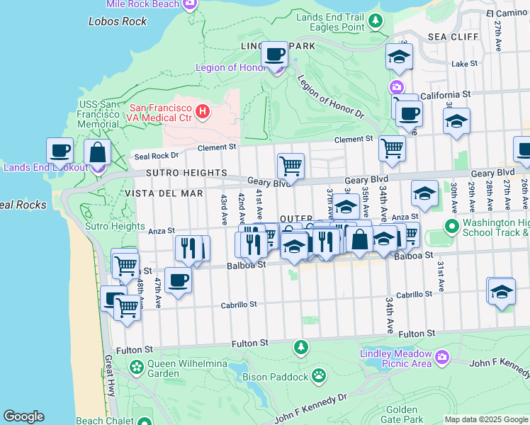 map of restaurants, bars, coffee shops, grocery stores, and more near 595 41st Avenue in San Francisco