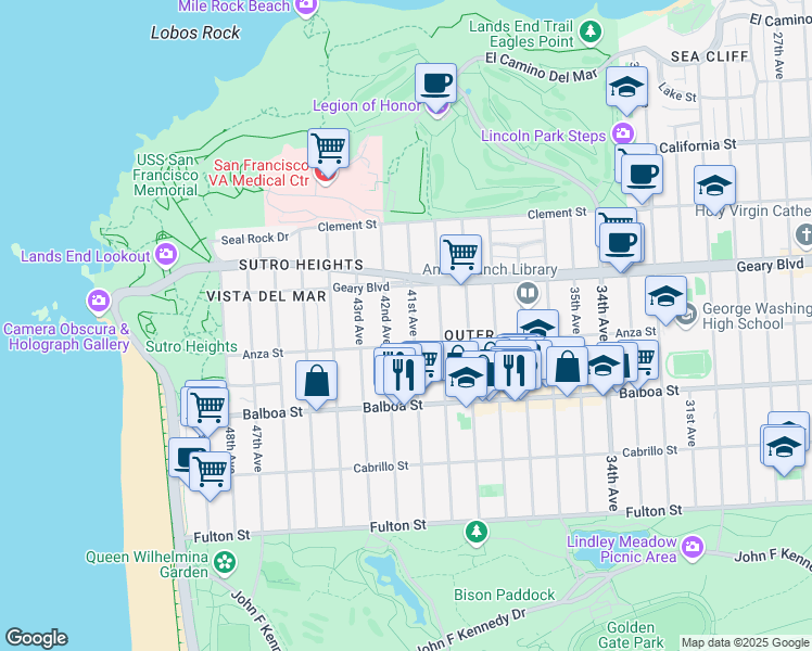map of restaurants, bars, coffee shops, grocery stores, and more near 595 41st Avenue in San Francisco
