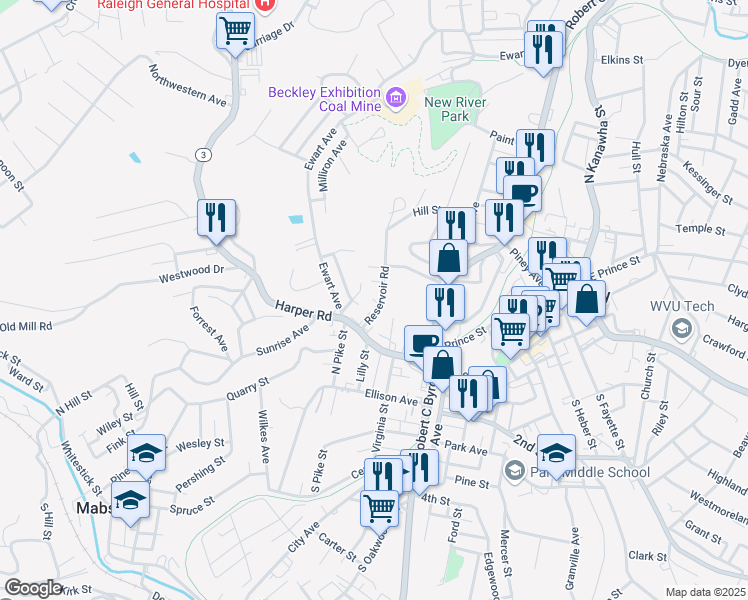 map of restaurants, bars, coffee shops, grocery stores, and more near 198 Adkins Street in Beckley