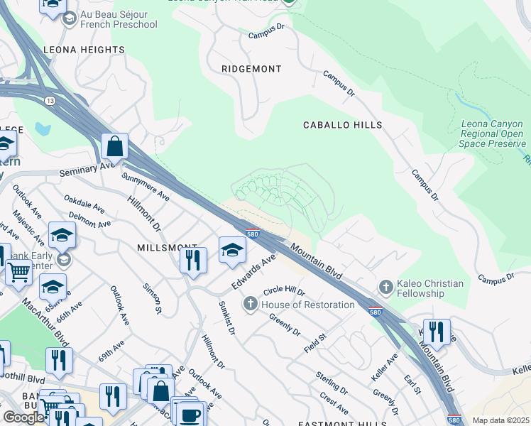 map of restaurants, bars, coffee shops, grocery stores, and more near Old Quarry Loop in Oakland
