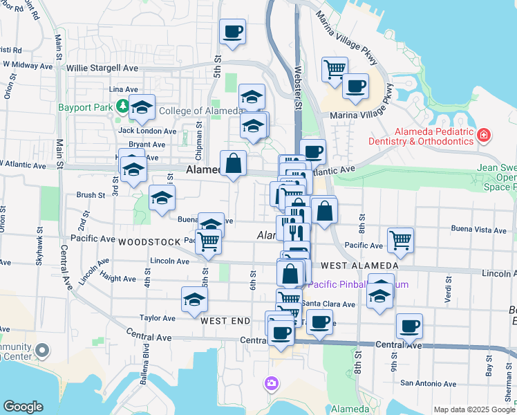 map of restaurants, bars, coffee shops, grocery stores, and more near 8 Sanderling Court in Alameda