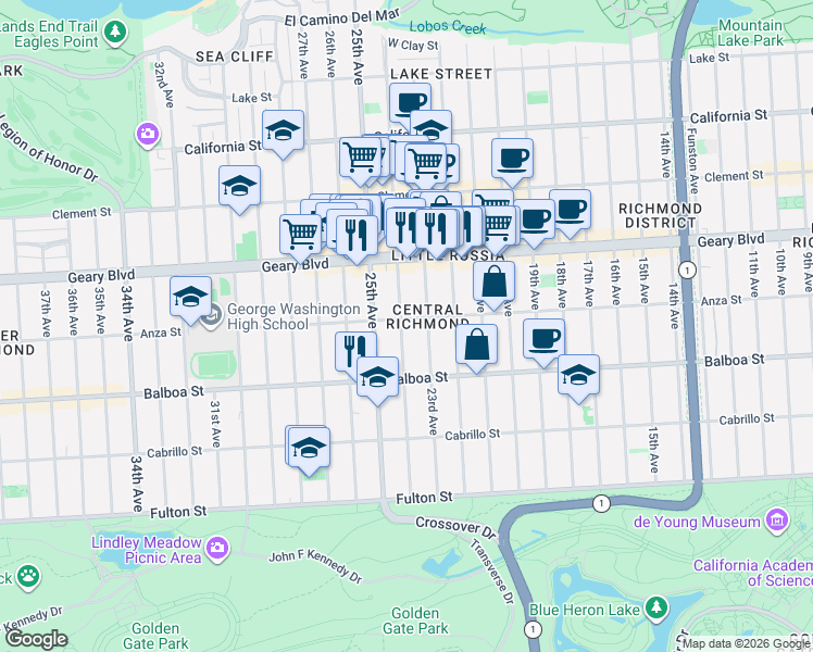 map of restaurants, bars, coffee shops, grocery stores, and more near 600 24th Avenue in San Francisco