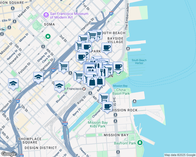 map of restaurants, bars, coffee shops, grocery stores, and more near 210 King Street in San Francisco